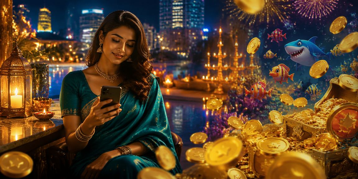 Indian player enjoying fishing themed slot game in festive settings